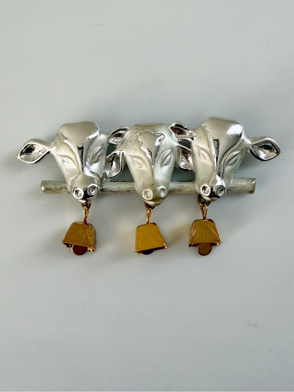 Vintage Cows Bells Silver Tone Brooch Pin